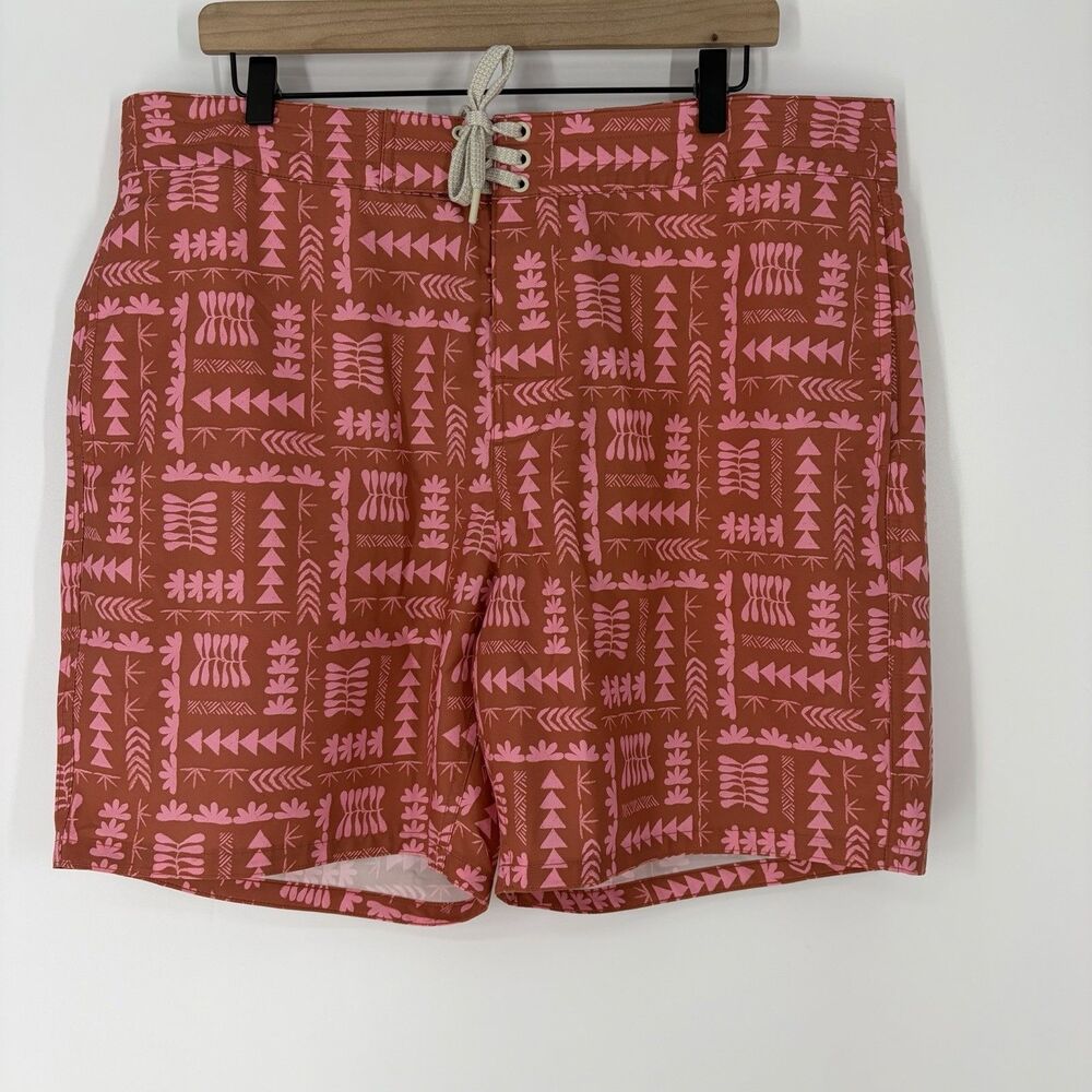Faherty Anna Kahalekulu Boardshort Size 38 Mens Red Hawaiian Print Swim Trunks